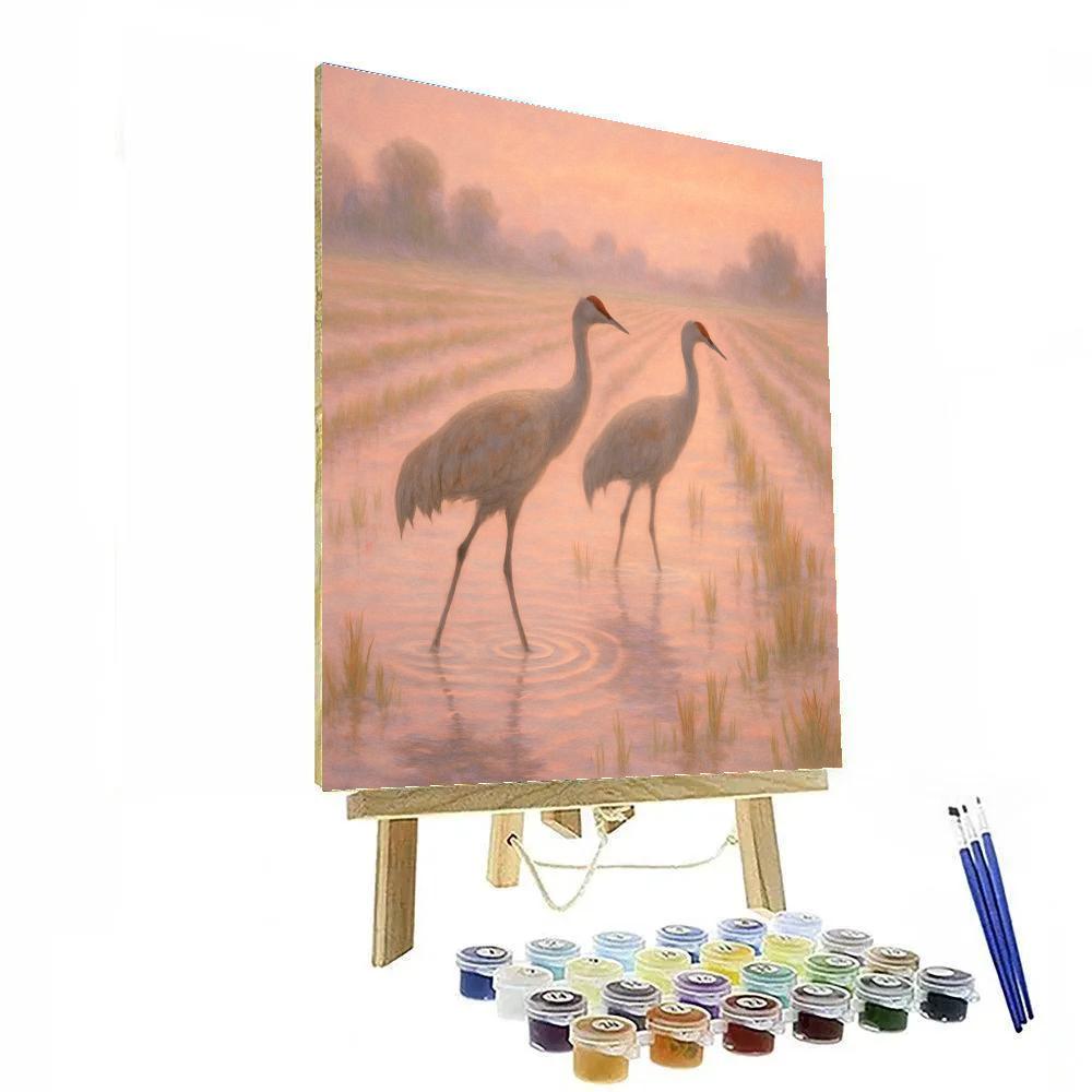 Quiet Rice Field Cranes At Dawn Pink Mist Paint by numbers kits