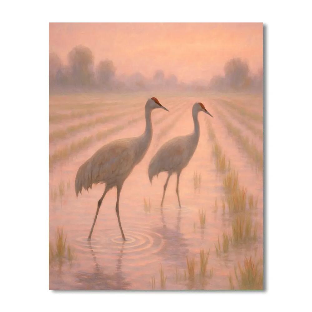 Quiet Rice Field Cranes At Dawn Pink Mist Paint by numbers kits