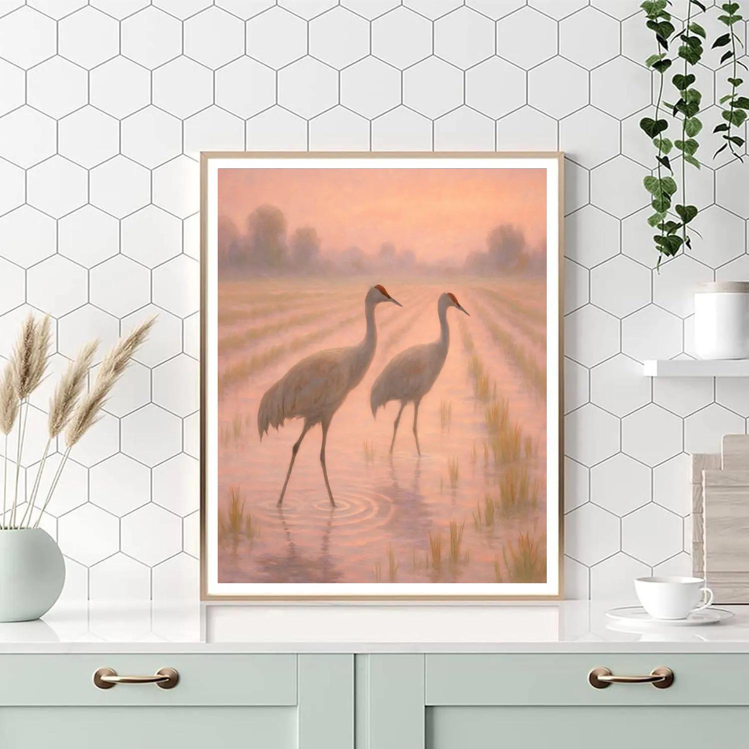 Quiet Rice Field Cranes At Dawn Pink Mist Paint by numbers kits