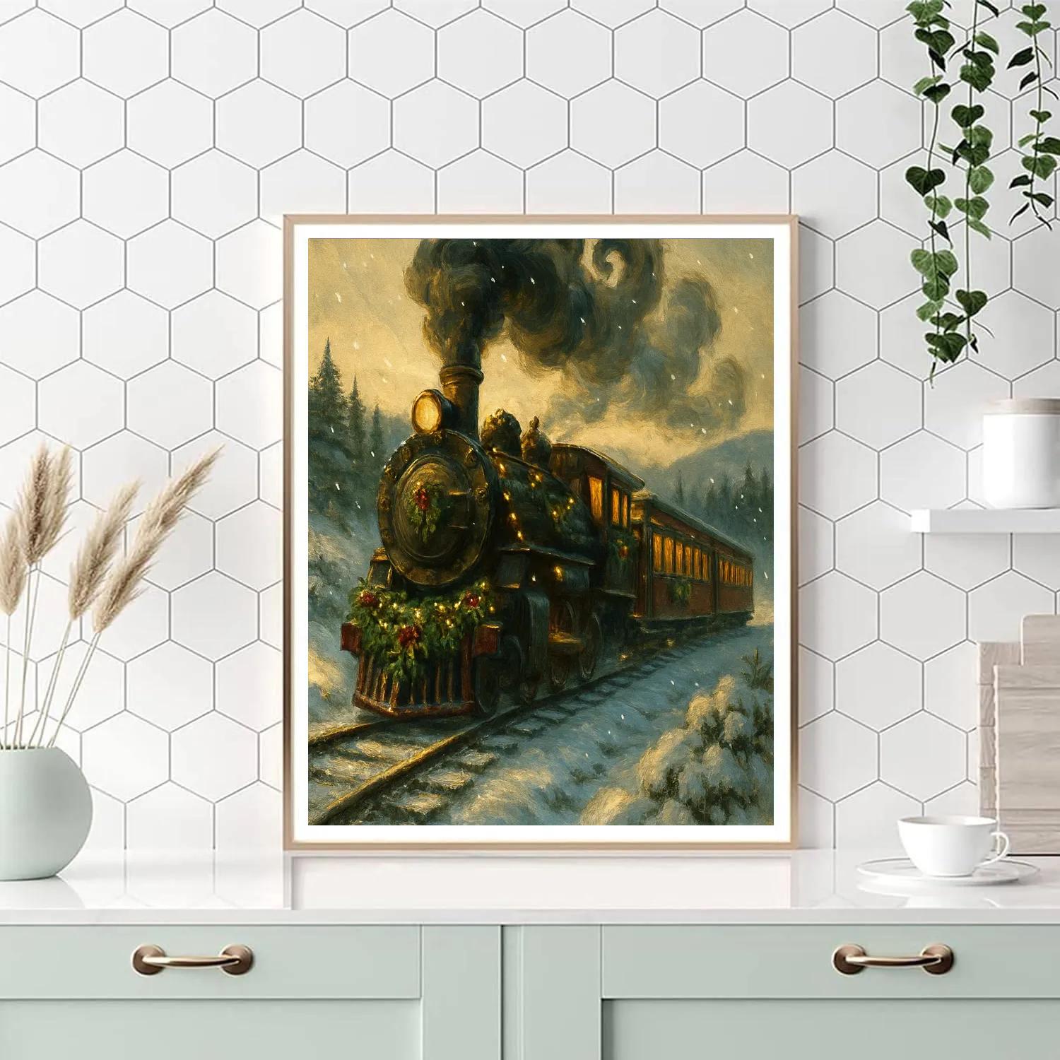 Mistletoe Train Through Snowy Hills Number painting