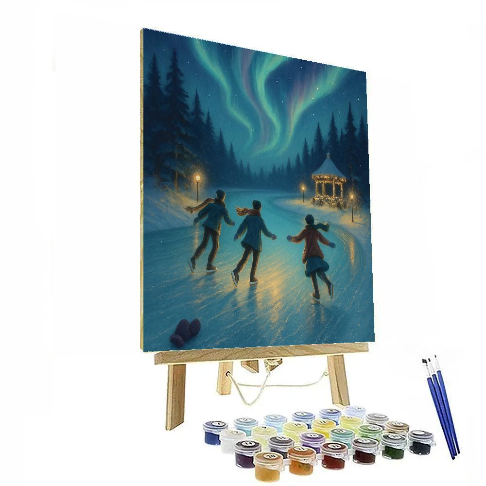 Northern Lights Skaters On River Bend paint by numbers
