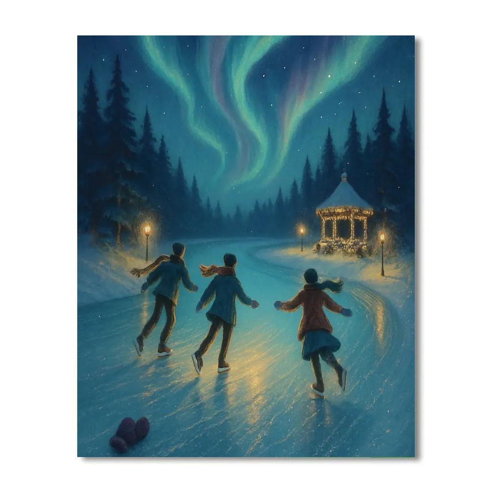 Northern Lights Skaters On River Bend paint by numbers