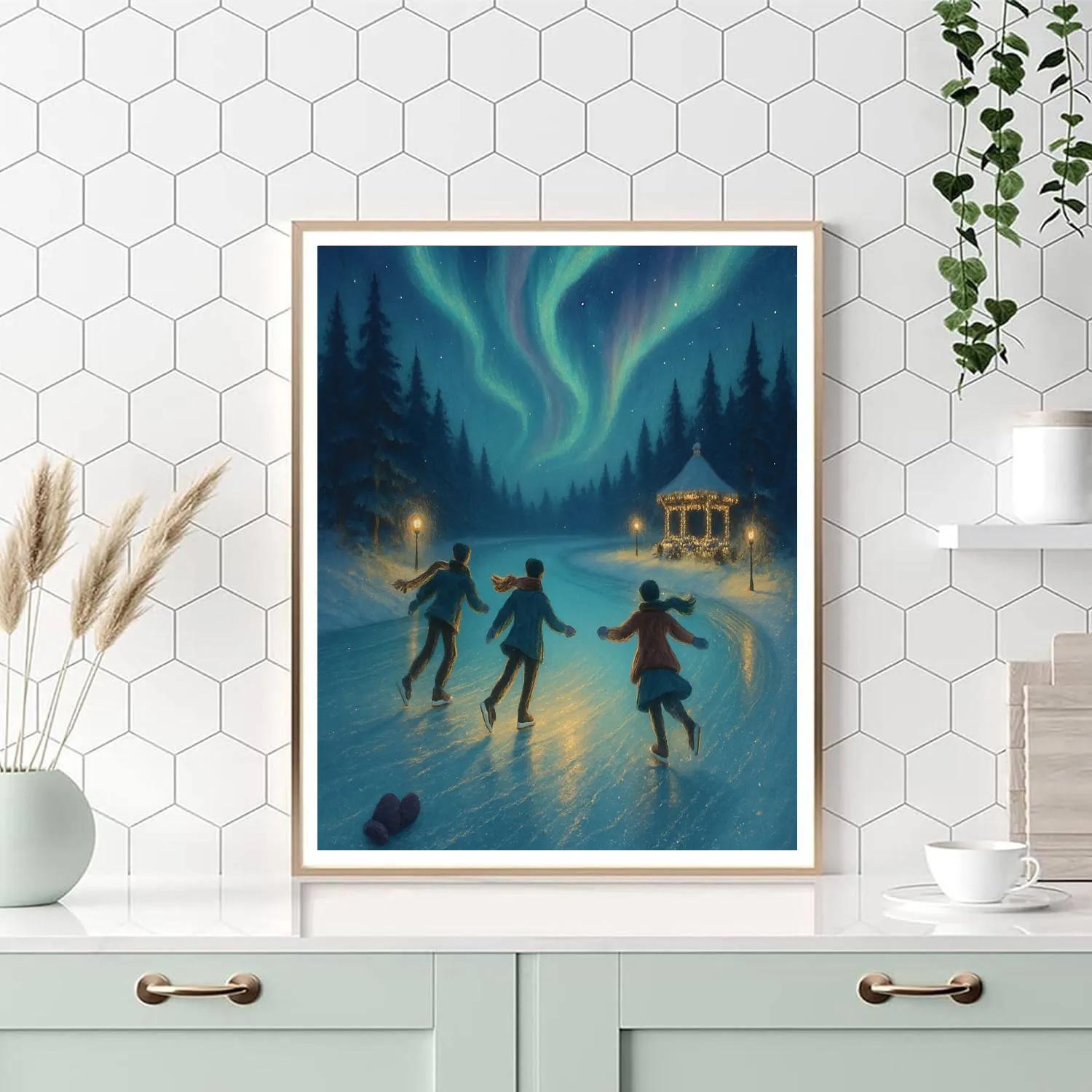 Northern Lights Skaters On River Bend paint by numbers