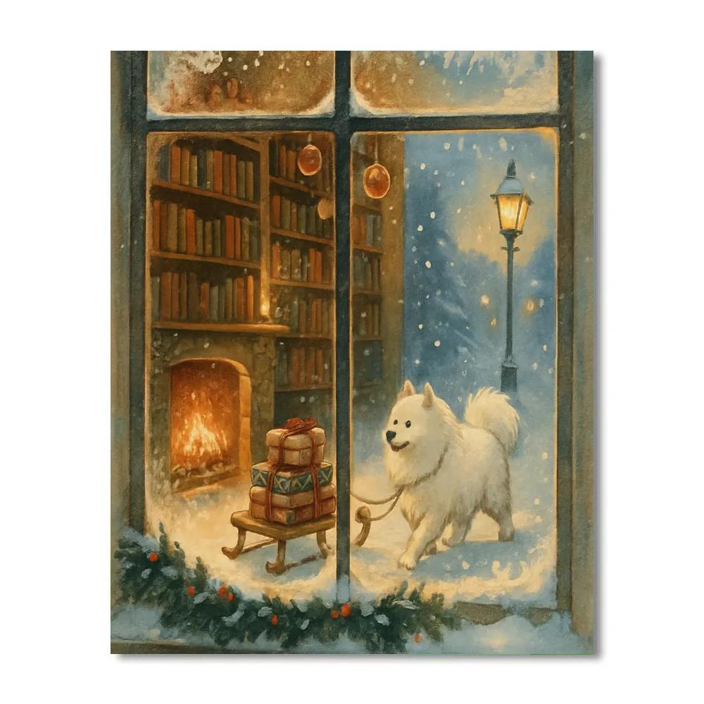 Winter Library Window And Book Sleigh paint by number