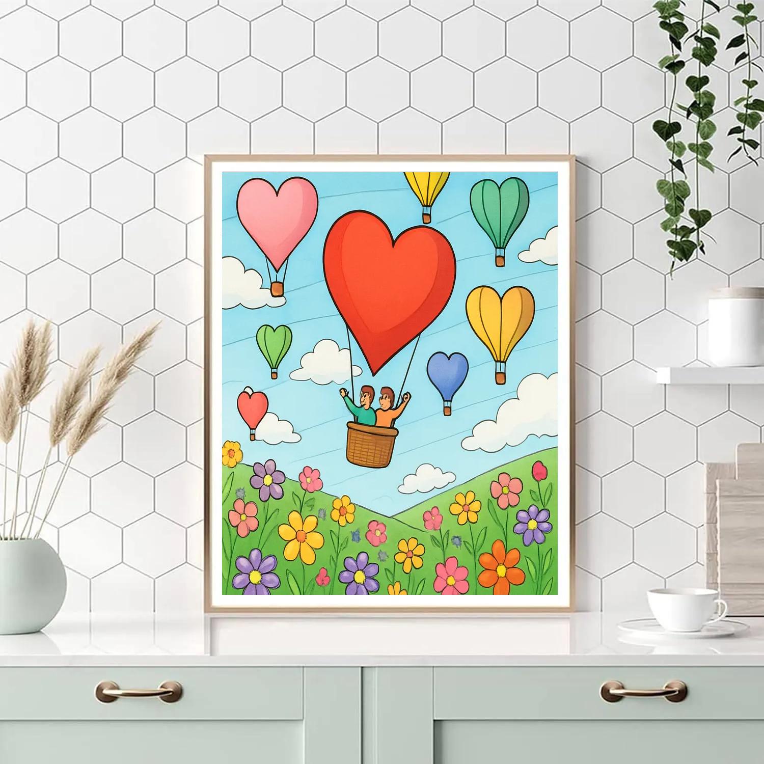 Valentines Day Hot Air Balloon Meadow painting number kit