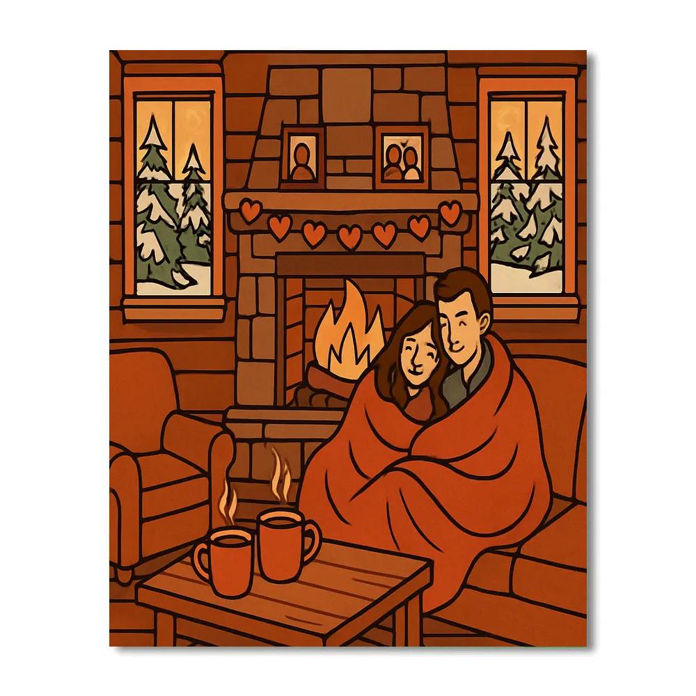 Cozy Cabin Fireplace Valentines Day Evening Numbered painting kits
