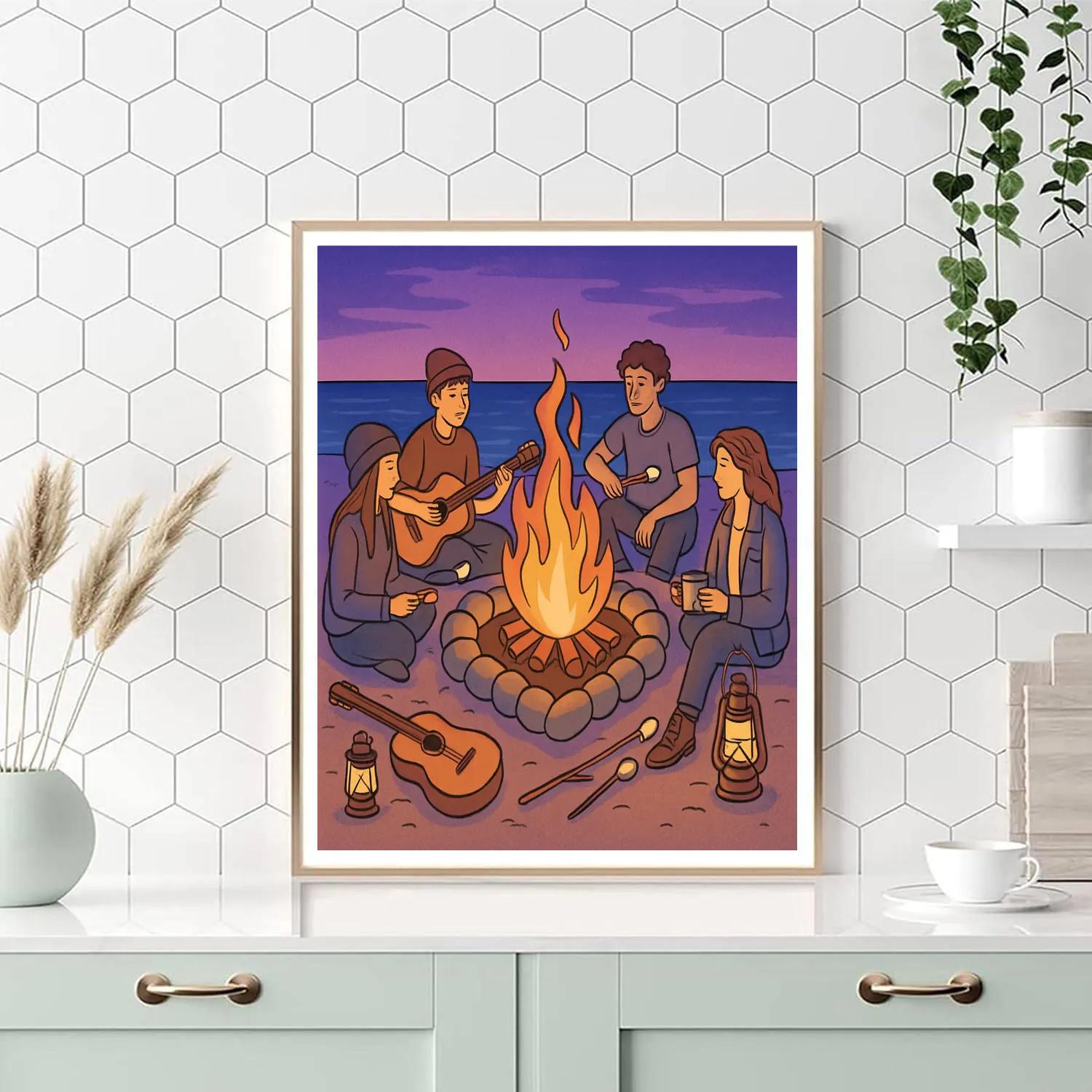 Valentines Day Beach Bonfire Circle painting number kit