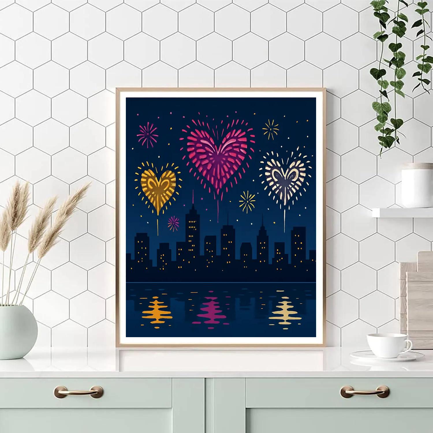 Valentines Day City Skyline Fireworks Numbered painting kits