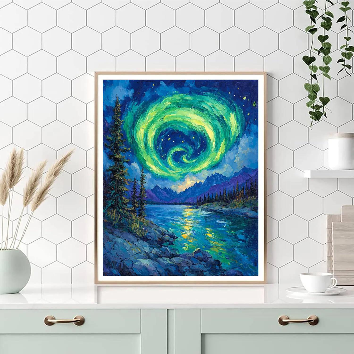 Van Gogh Inspired Aurora Over Mountain Lake paint by numbers