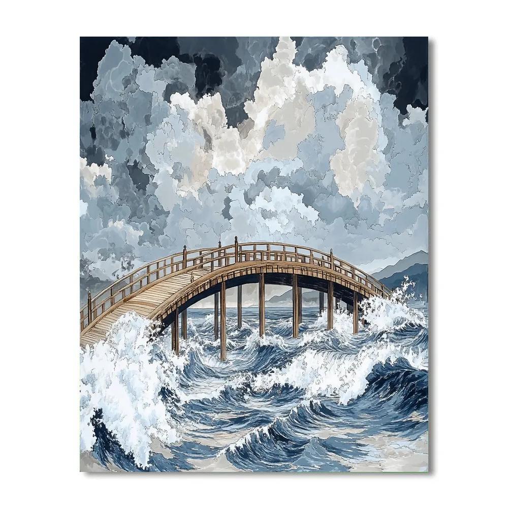 Hokusai Inspired Storm Over Coastal Bridge Painting by numbers kit