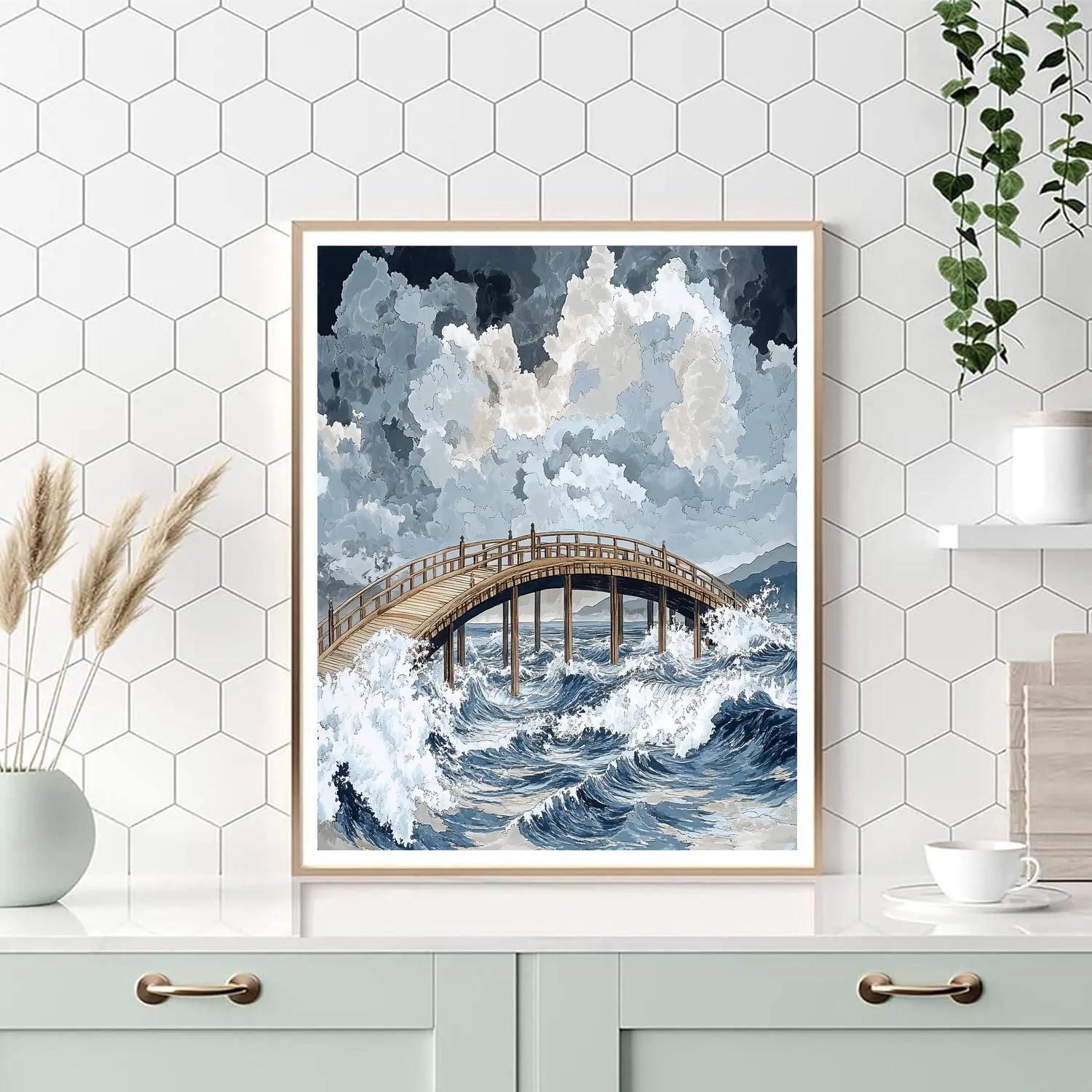 Hokusai Inspired Storm Over Coastal Bridge Painting by numbers kit