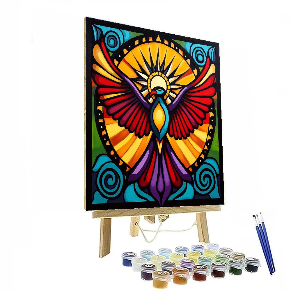 Norval Morrisseau Inspired Thunderbird And Sun Wheel Of Four Winds paint by color