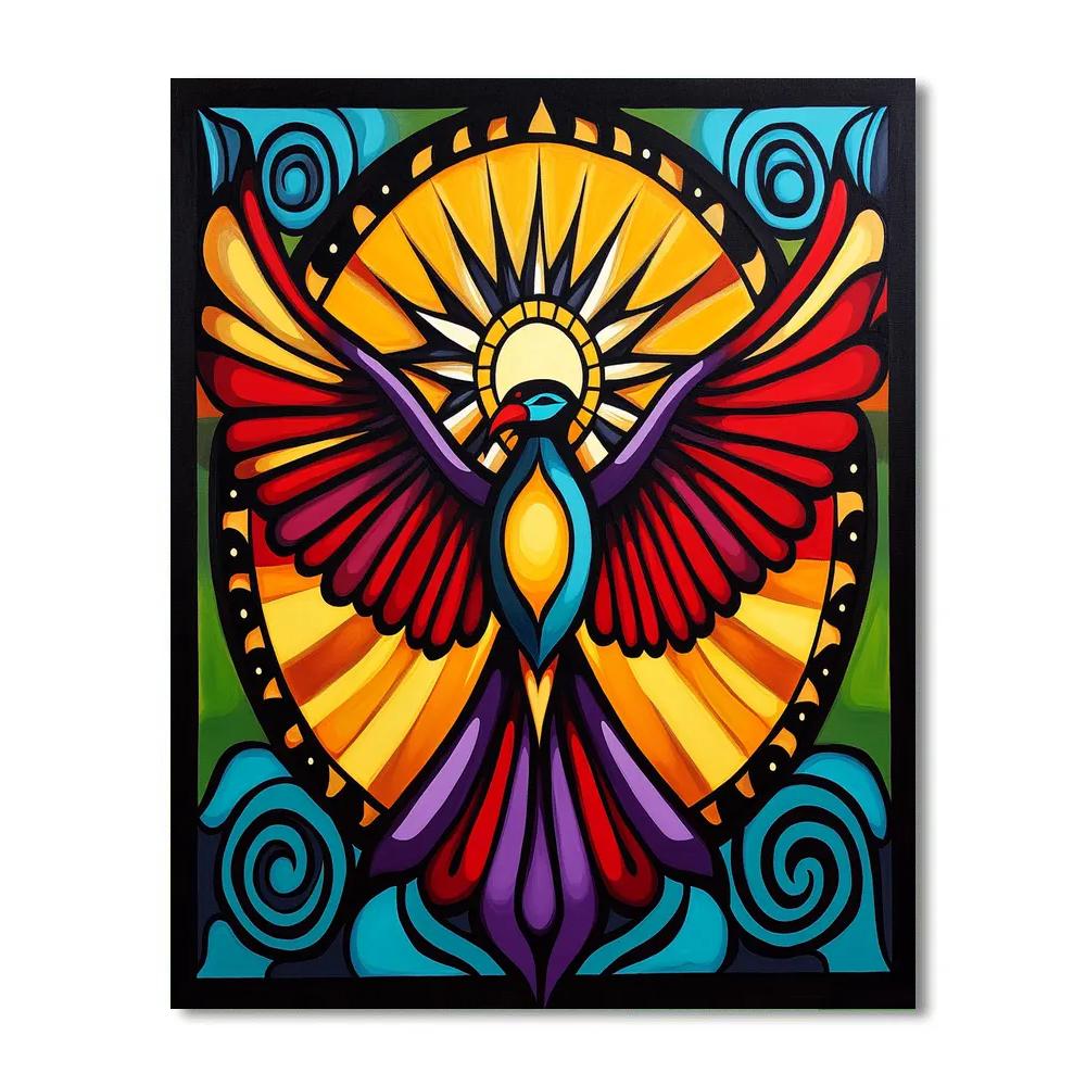 Norval Morrisseau Inspired Thunderbird And Sun Wheel Of Four Winds paint by color