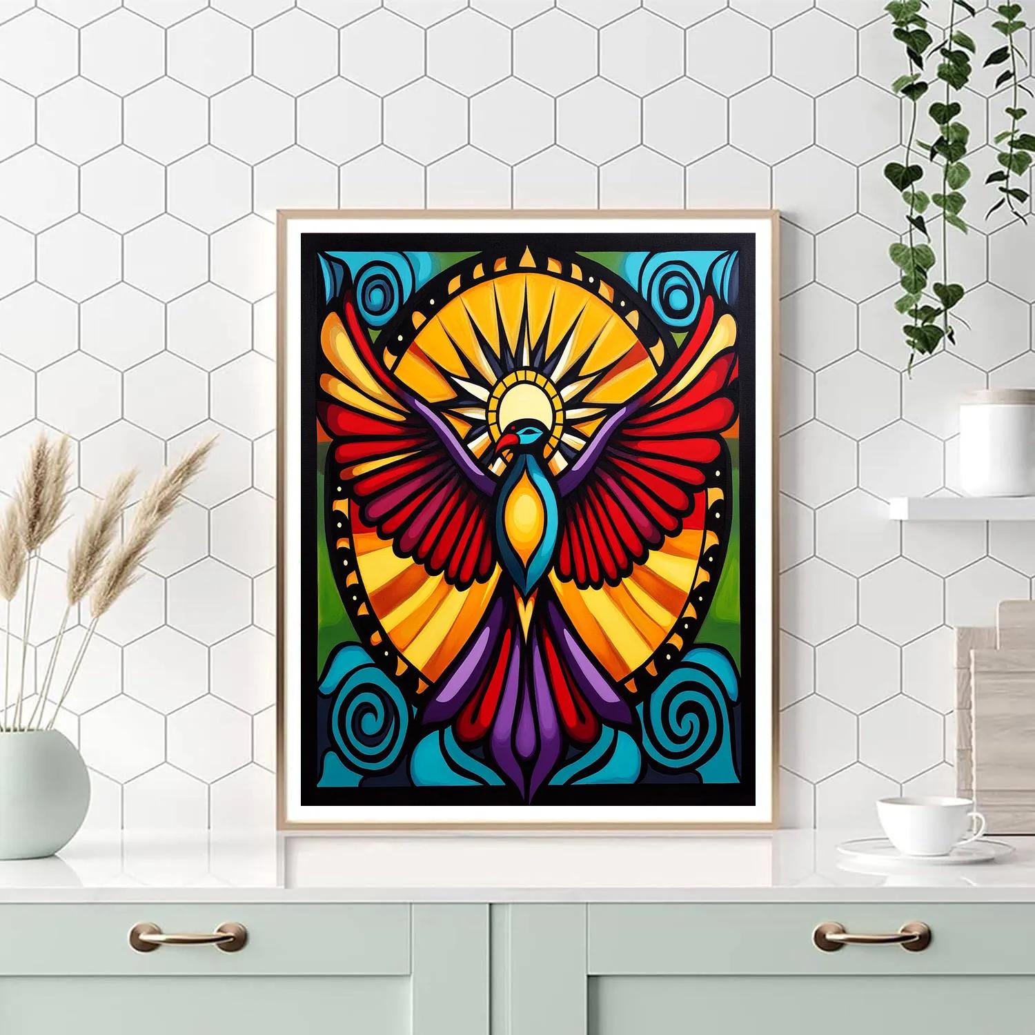Norval Morrisseau Inspired Thunderbird And Sun Wheel Of Four Winds paint by color