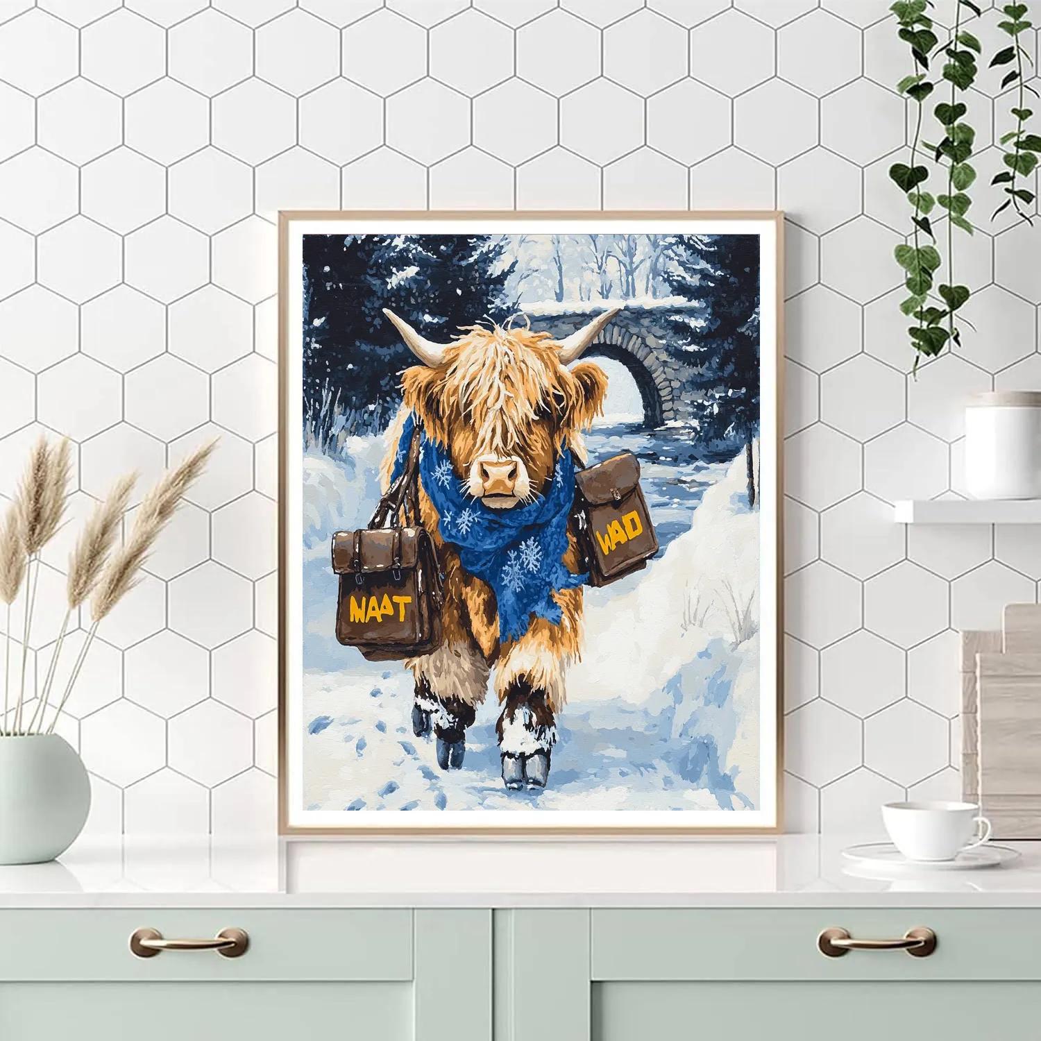Highland Cow In Winter Mail Run painting number kit