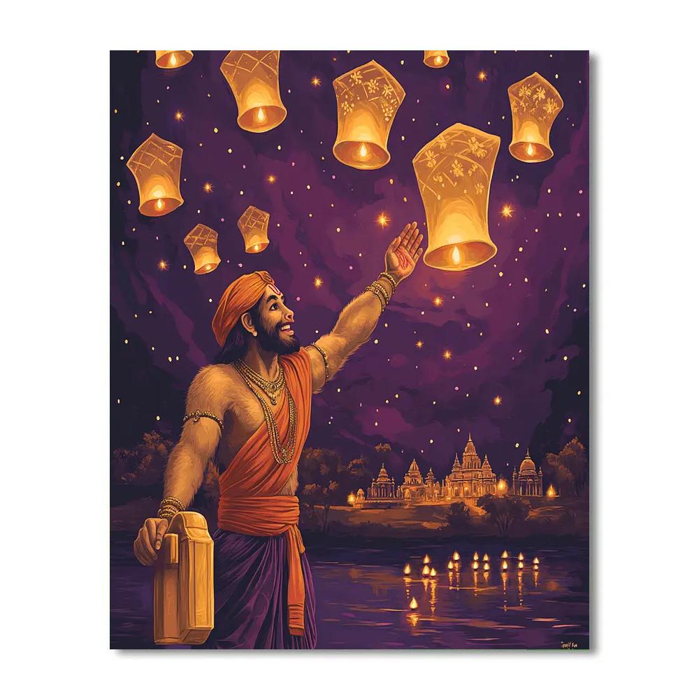 Sky Lantern Release With Hanuman At Twilight painting number kit