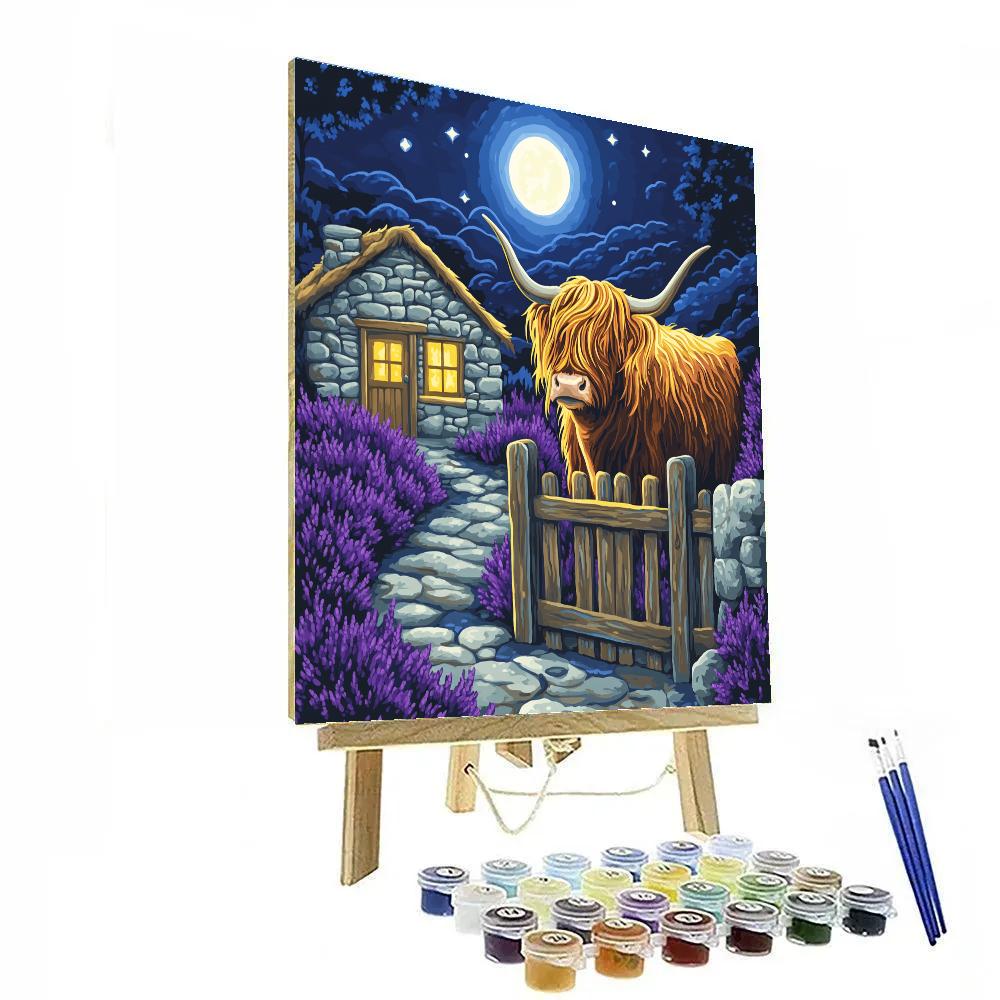 Moonlit Bothy, Highland Cow Sentinel Numbered painting kits