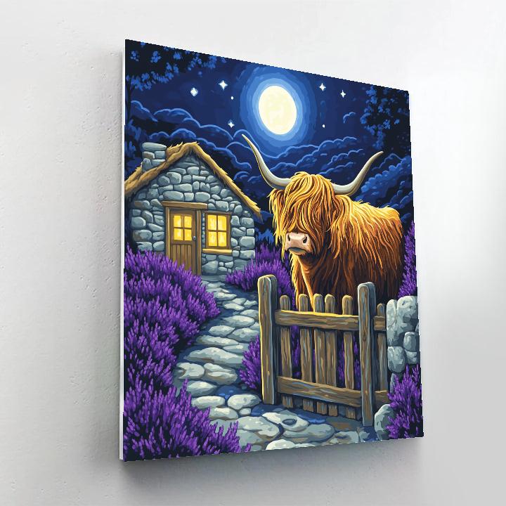 Moonlit Bothy, Highland Cow Sentinel Numbered painting kits