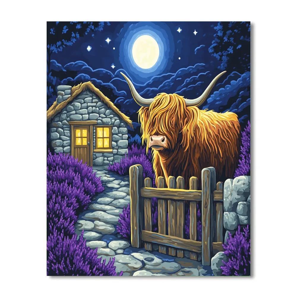 Moonlit Bothy, Highland Cow Sentinel Numbered painting kits