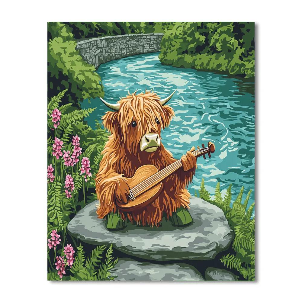 Highland Cow Riverstone Musician Number painting