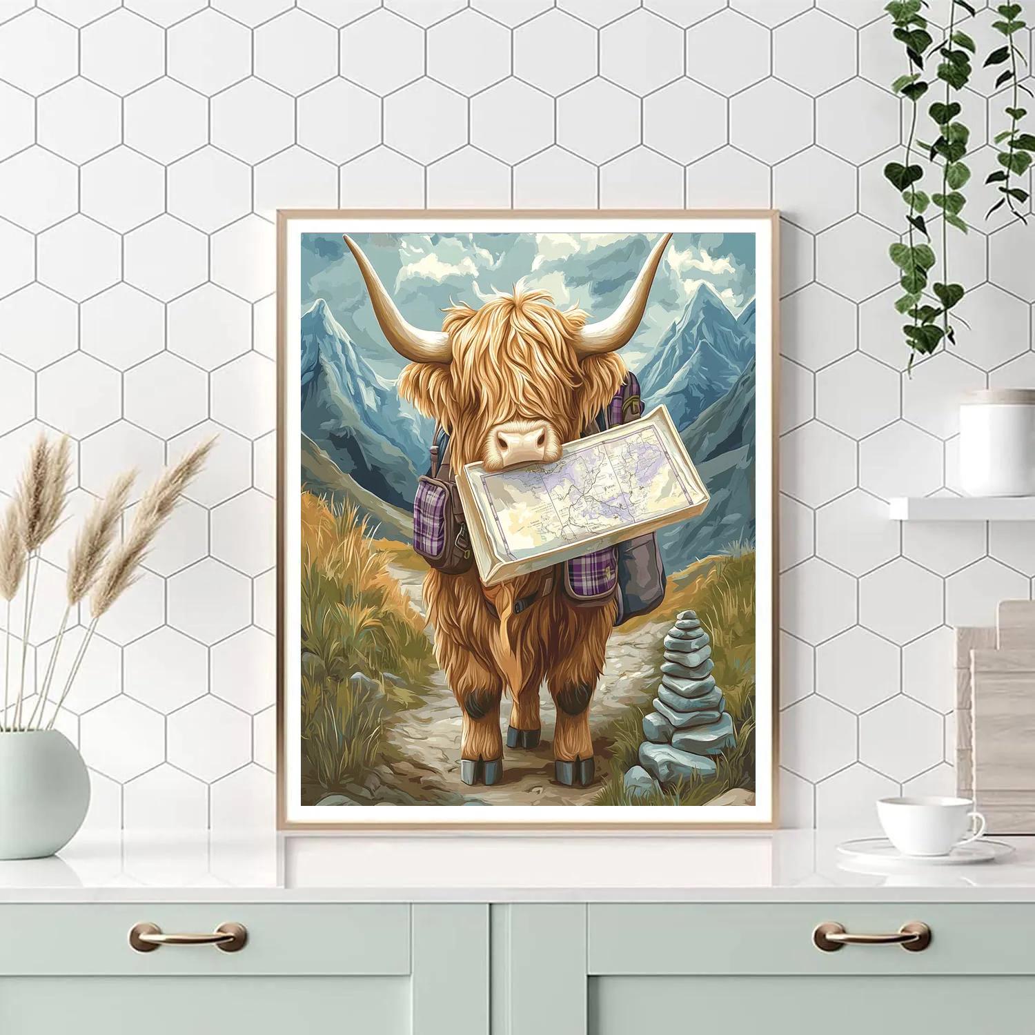 Highland Cow Mountain Map Reader painting number kit