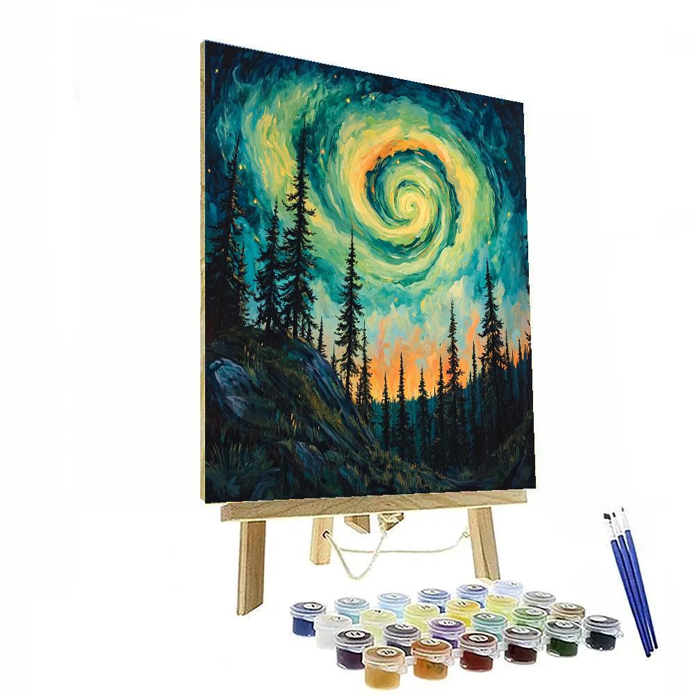 Edvard Munch Inspired Aurora Spiral Above A Whispering Pine Ridge DIY paint by numbers