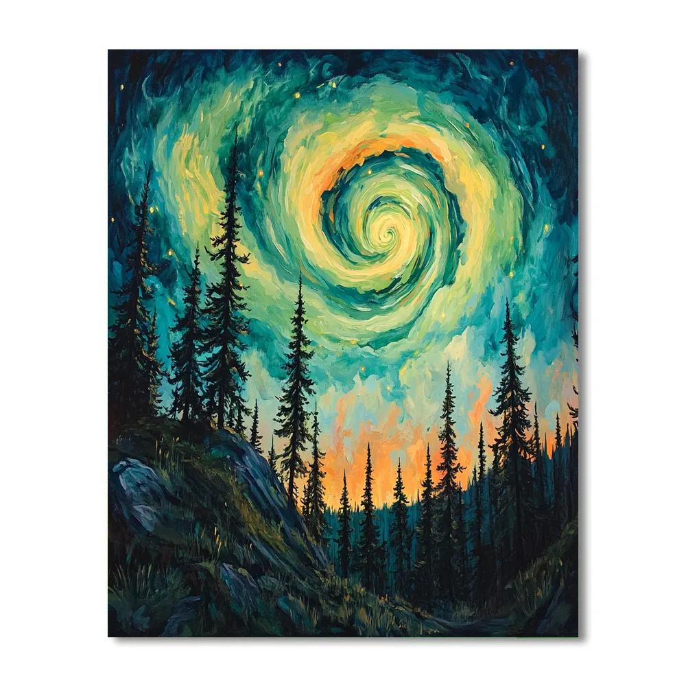Edvard Munch Inspired Aurora Spiral Above A Whispering Pine Ridge DIY paint by numbers