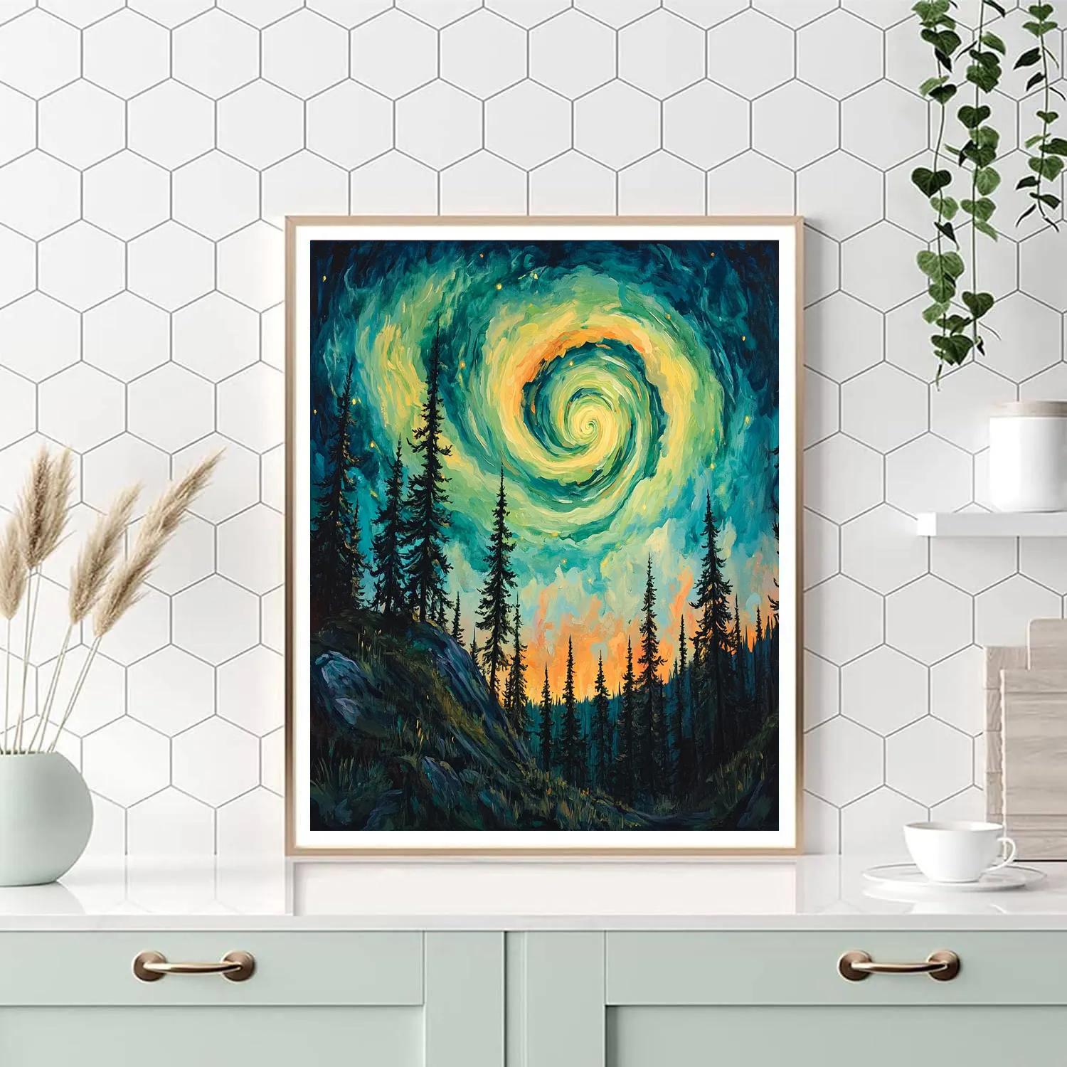Edvard Munch Inspired Aurora Spiral Above A Whispering Pine Ridge DIY paint by numbers