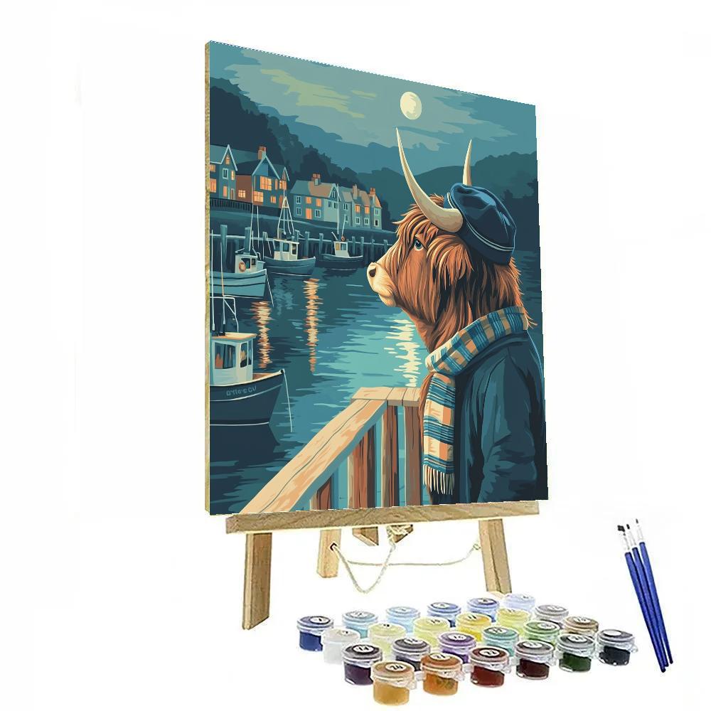 Harbor Night Watch, Highland Cow Numbered painting kits