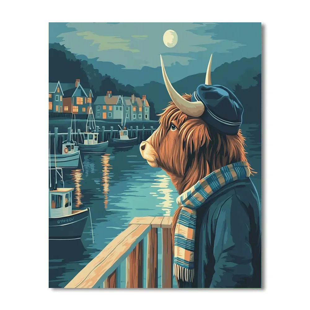 Harbor Night Watch, Highland Cow Numbered painting kits