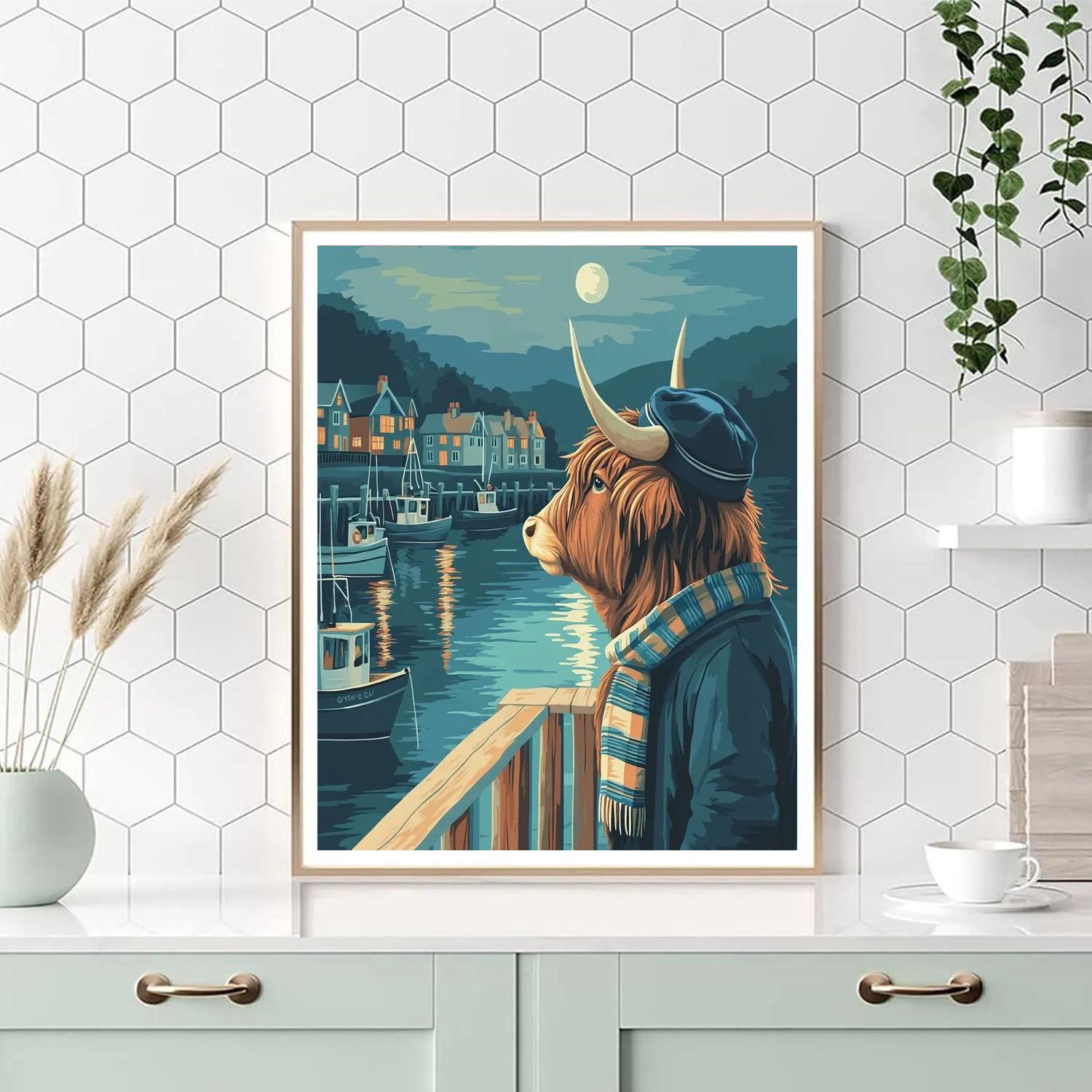 Harbor Night Watch, Highland Cow Numbered painting kits