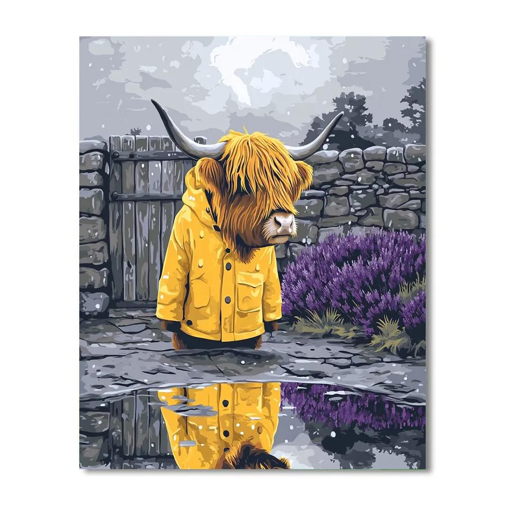Highland Cow Raincoat Puddle Portrait painting number kit