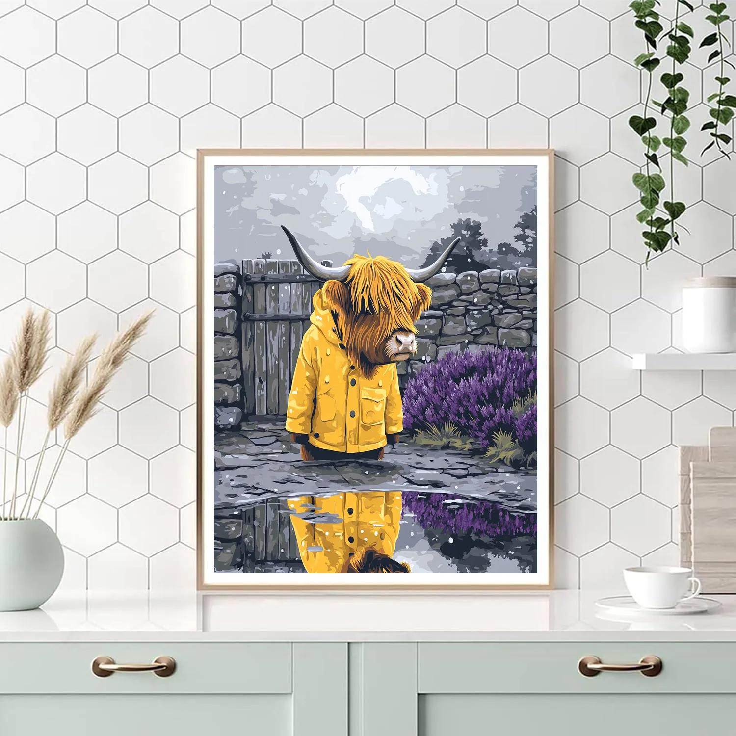 Highland Cow Raincoat Puddle Portrait painting number kit