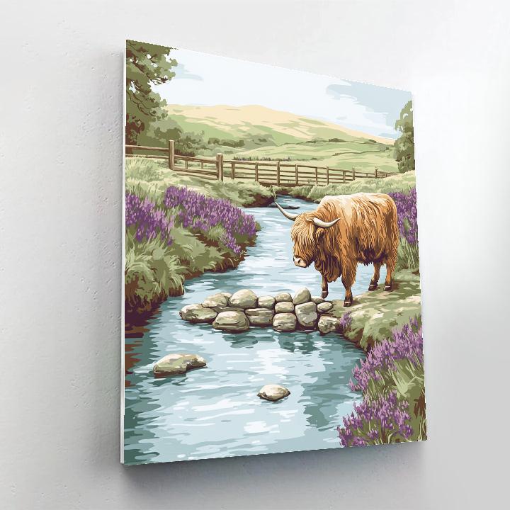Highland Cow Bridge Builder At The Burn painting number kit