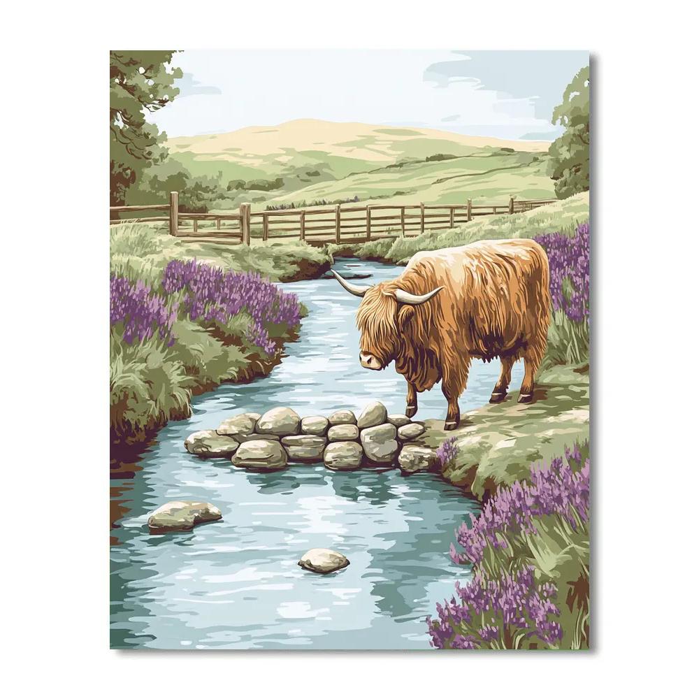 Highland Cow Bridge Builder At The Burn painting number kit