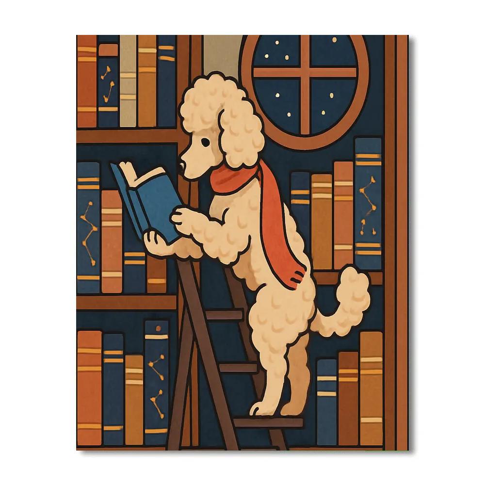 Starlit Library With Dog Companion Number painting