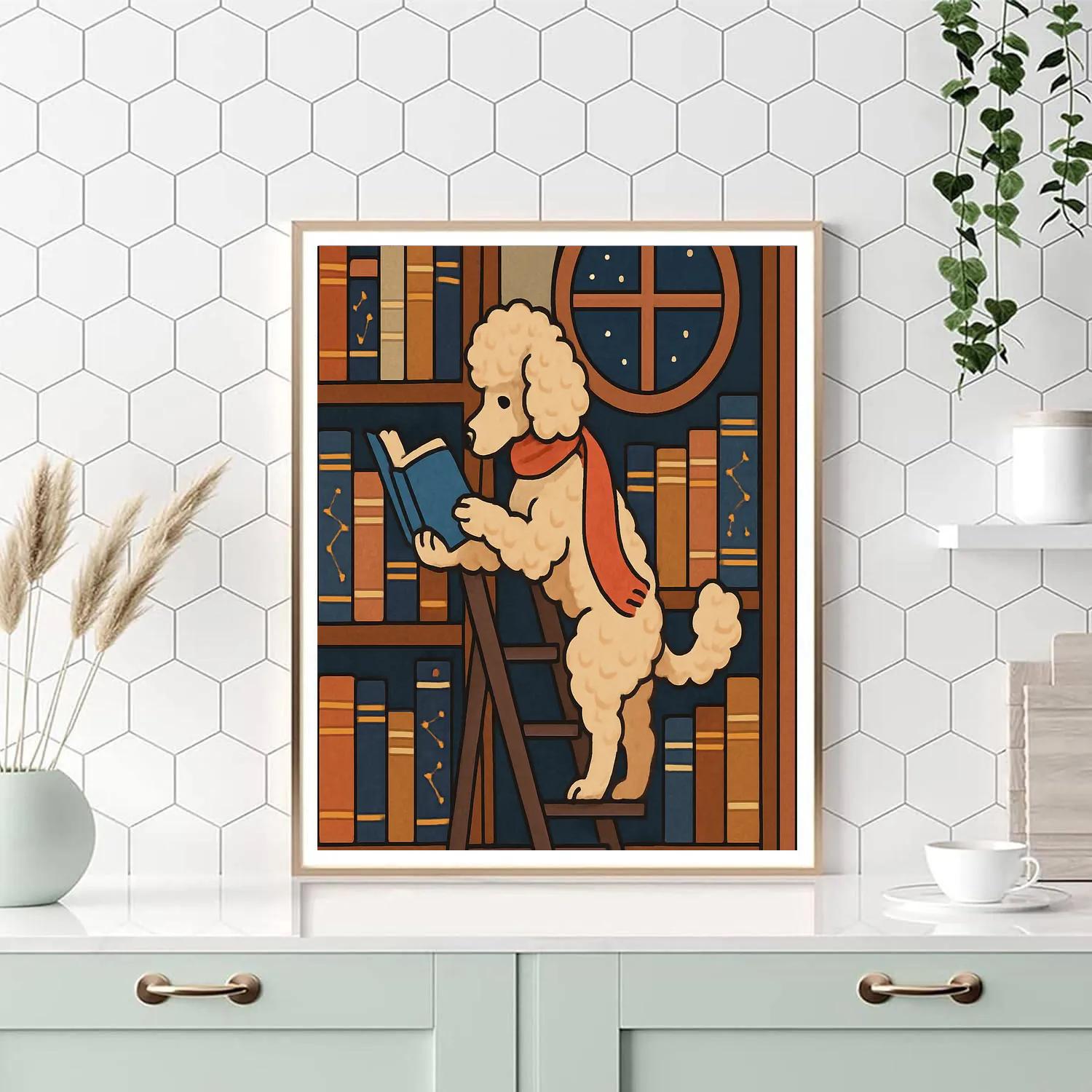 Starlit Library With Dog Companion Number painting