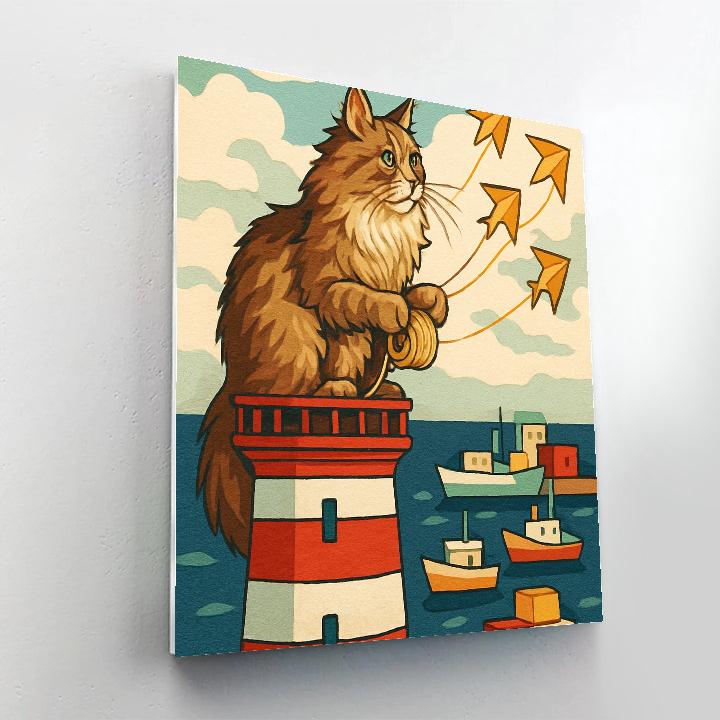 Paper Kite Harbor With A Lighthouse Cat Paint by numbers art
