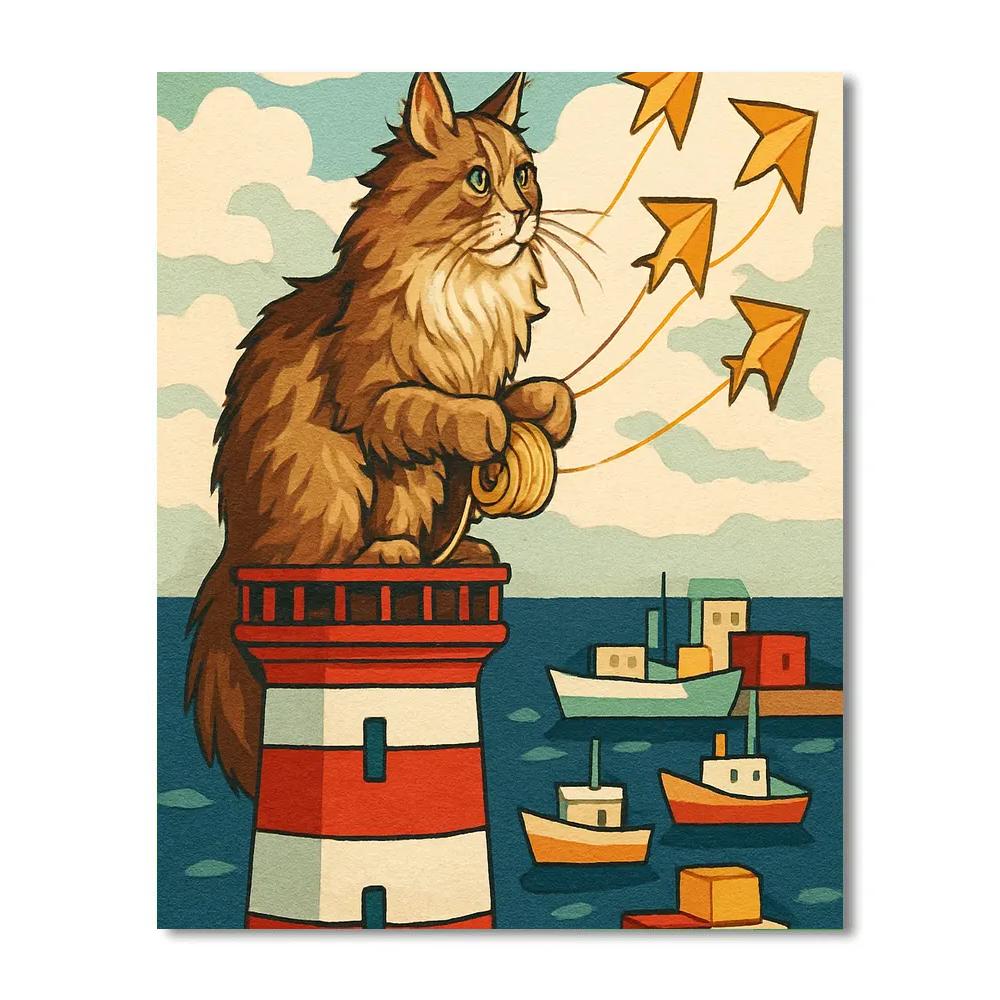 Paper Kite Harbor With A Lighthouse Cat Paint by numbers art