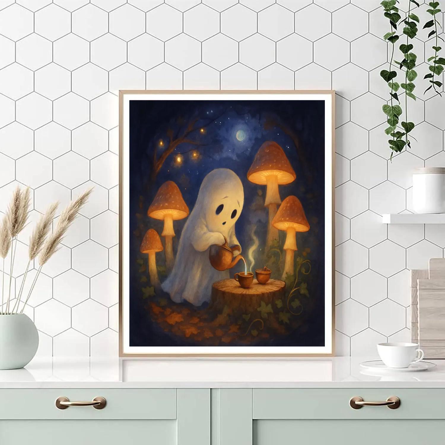 Moonlit Mushroom Garden Tea With A Shy Ghost DIY paint by numbers