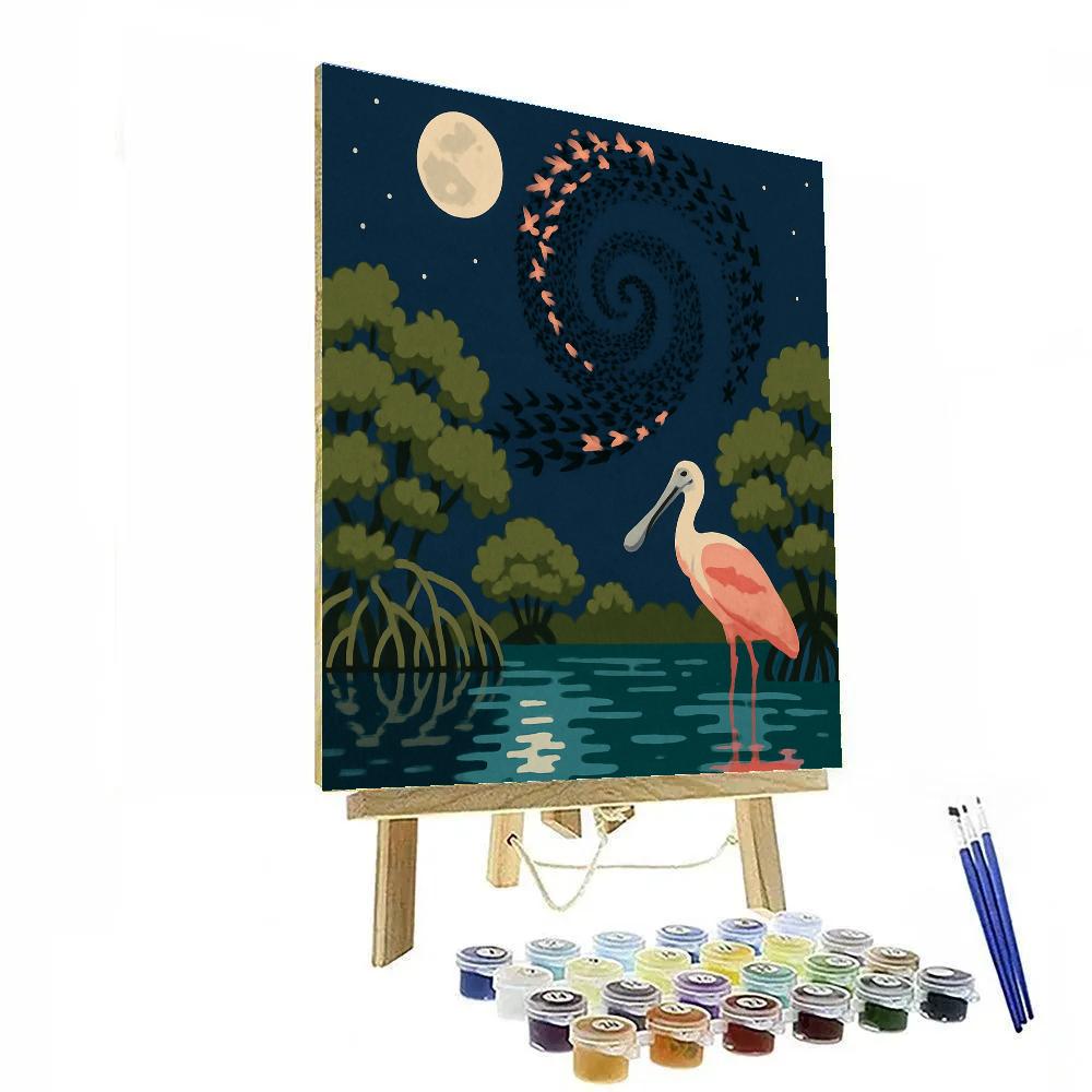 Moonlit Mangroves With Birds In Spiral Flight paint by color