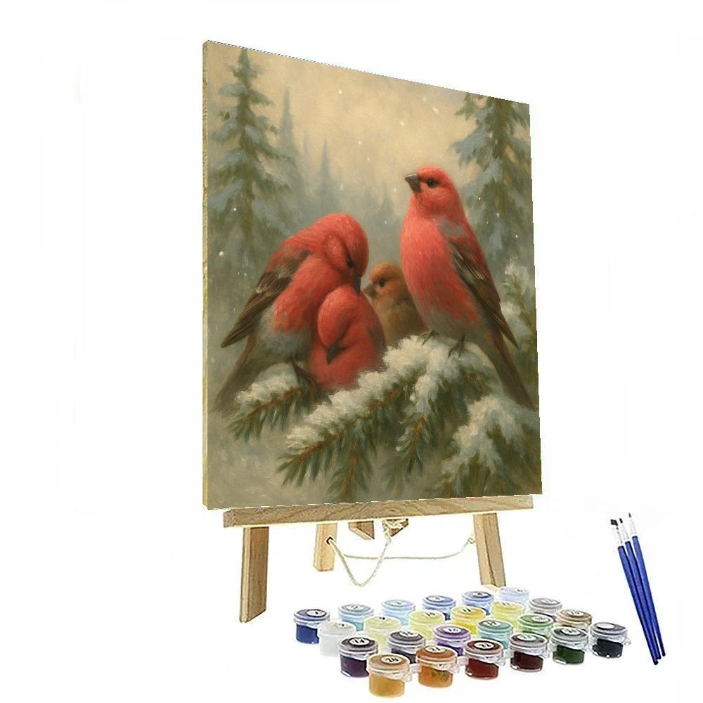 Snowy Bough Rest With Pine Grosbeaks paint by color
