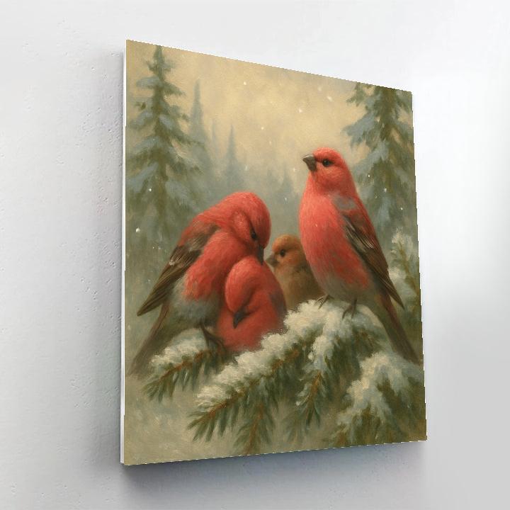 Snowy Bough Rest With Pine Grosbeaks paint by color