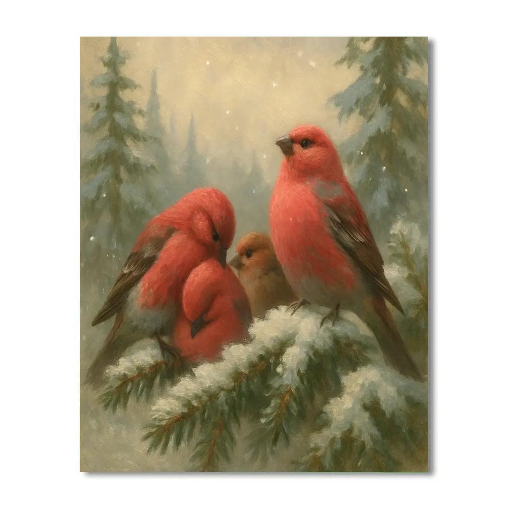 Snowy Bough Rest With Pine Grosbeaks paint by color