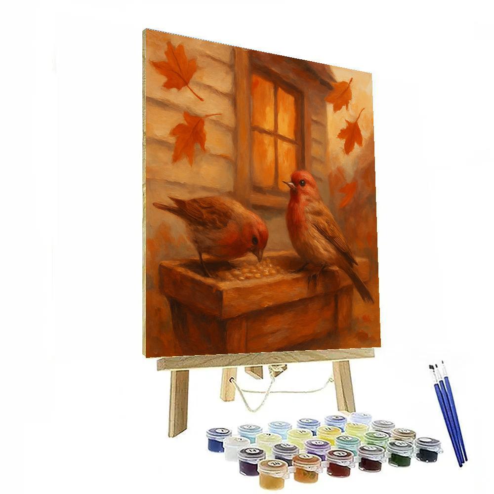 Autumn Windowbox Finches And Falling Leaves paint by color