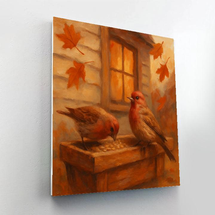 Autumn Windowbox Finches And Falling Leaves paint by color