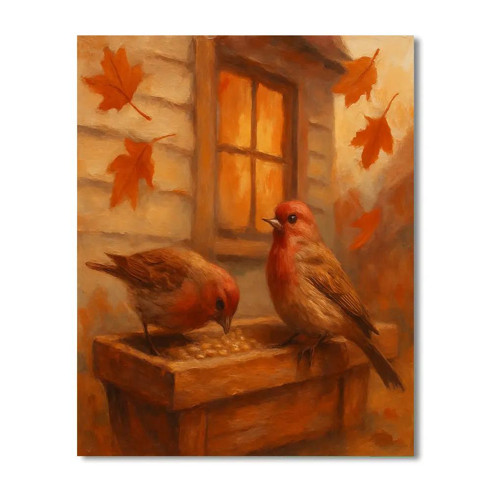 Autumn Windowbox Finches And Falling Leaves paint by color