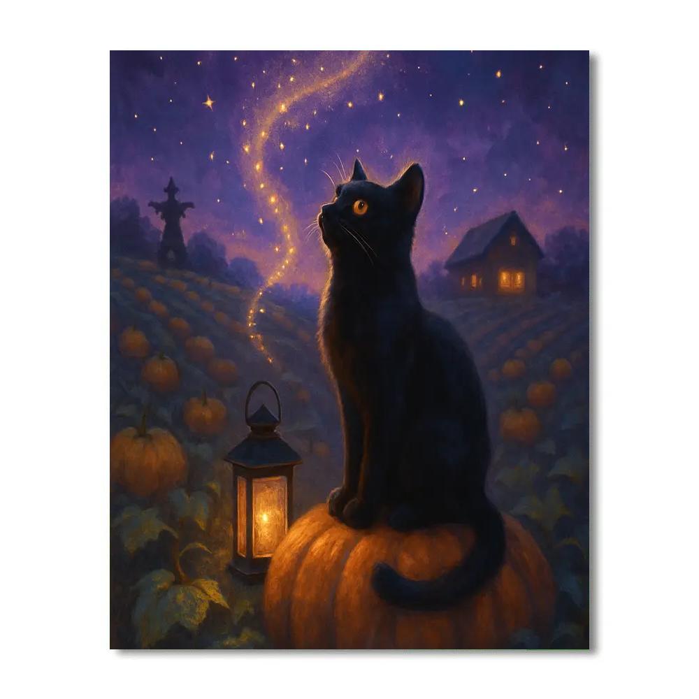 Black Cat Stargazer On A Pumpkin Patch Hill Painting by numbers kit