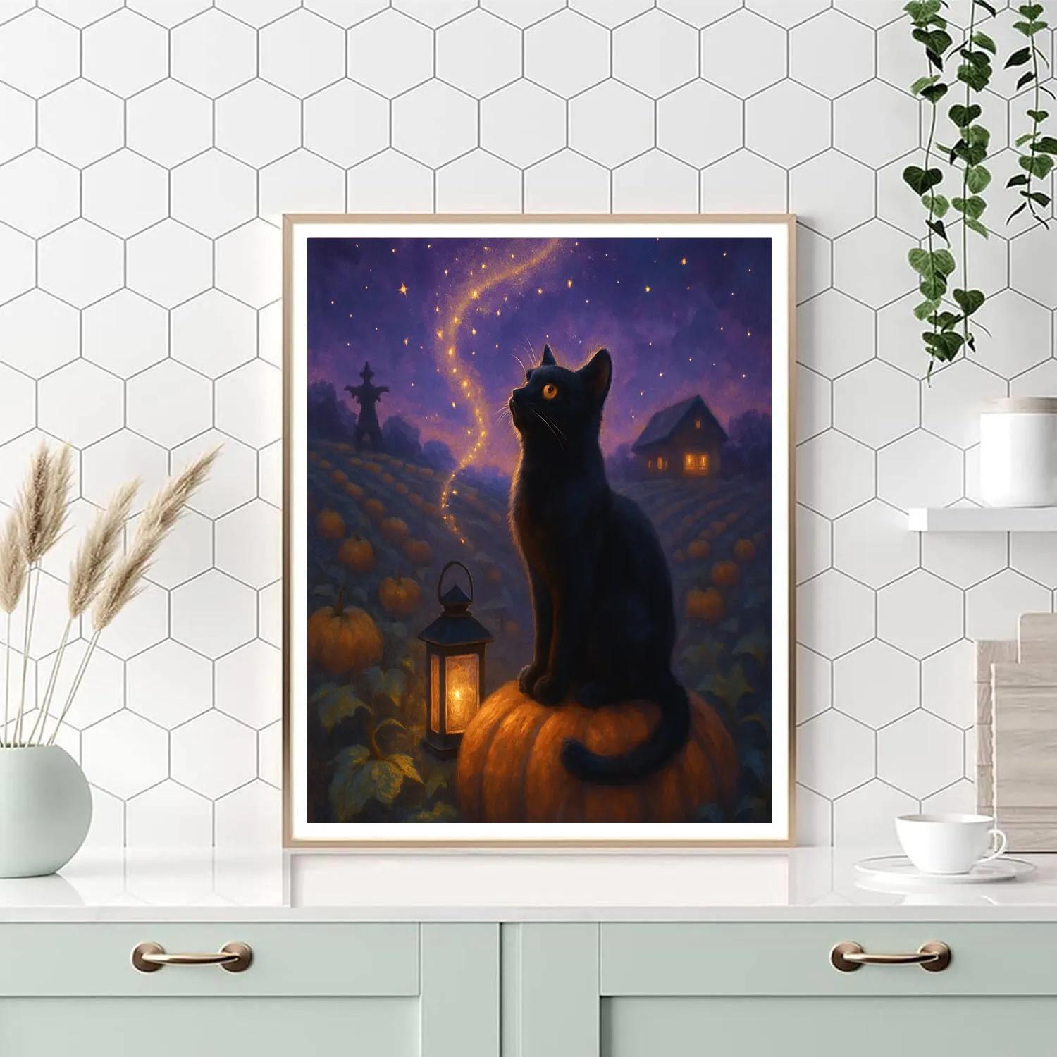 Black Cat Stargazer On A Pumpkin Patch Hill Painting by numbers kit