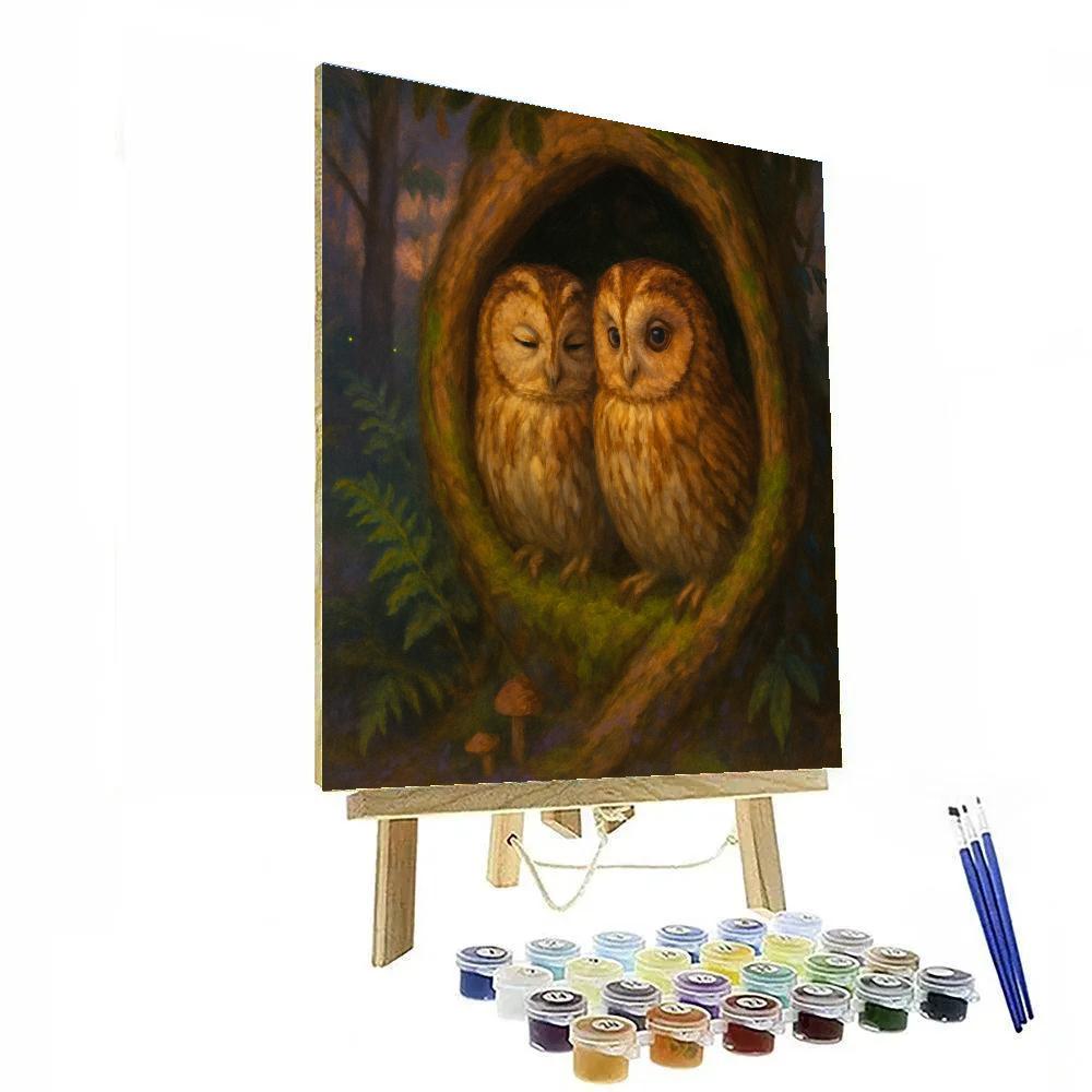 Twilight Owls In The Mossy Hollow paint by numbers